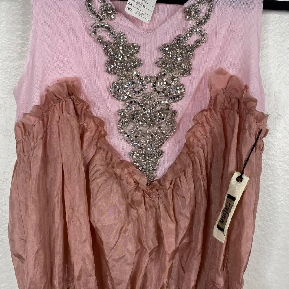 NWT Calma Women's Top Pink Size M Silk Rhinestones Fairy Unique Old Money - Picture 6 of 13